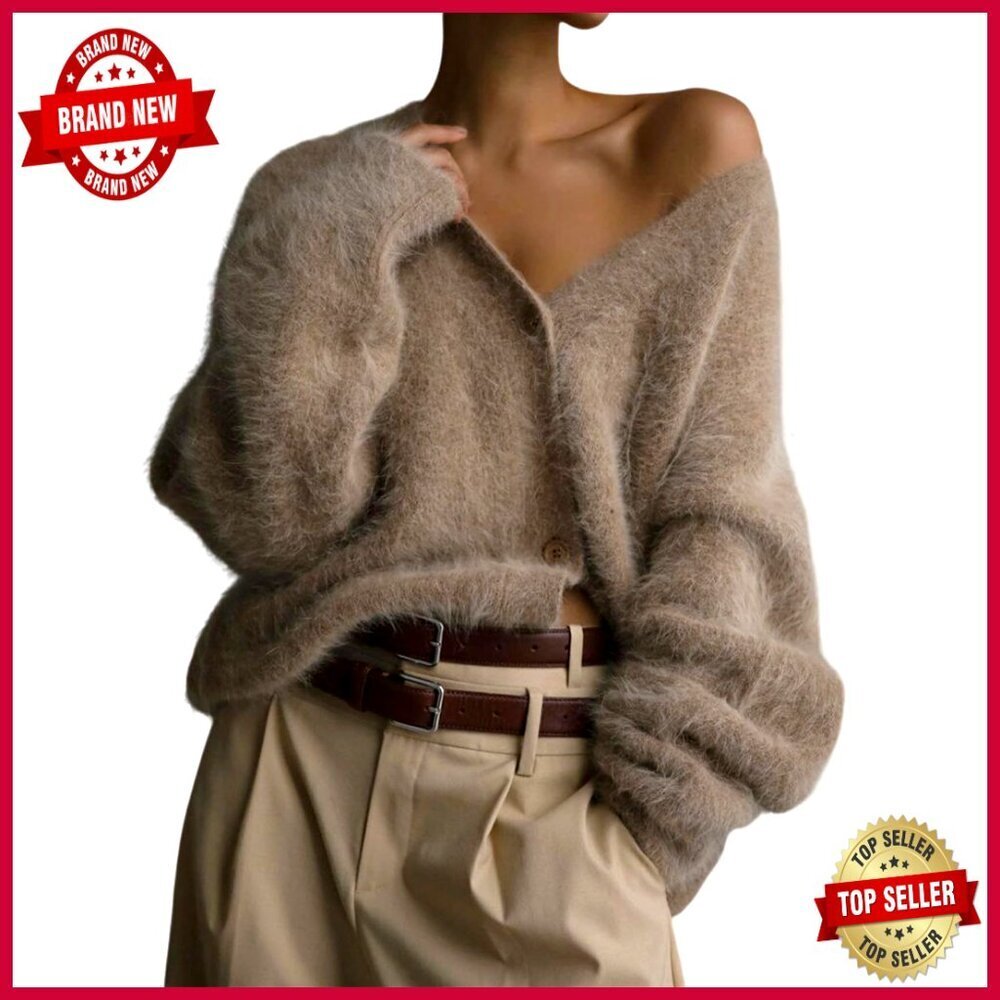 Fuzzy Knit Cardigan Sweater V-Neck Long Sleeve Button Down Slouchy